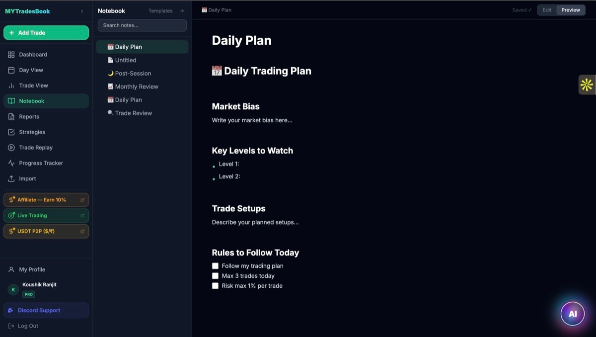 MYTradesBook Notebook & Daily Plan
