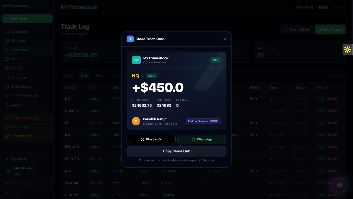 MYTradesBook Trade Log with Share Card